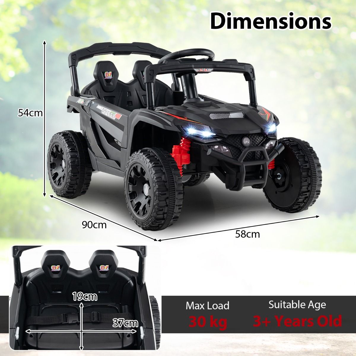 Coast Elektrische Kinderauto - 12V accu - afstandsbediening - zwarte UTV - geschikt vanaf 3 jaar