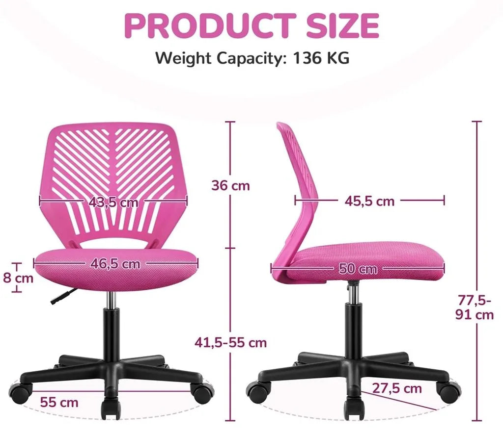 Yaheetech Bureaustoel Verstelbaar 50 x 55 x 79-92 cm - Roze - Draaistoel zonder Armleuningen
