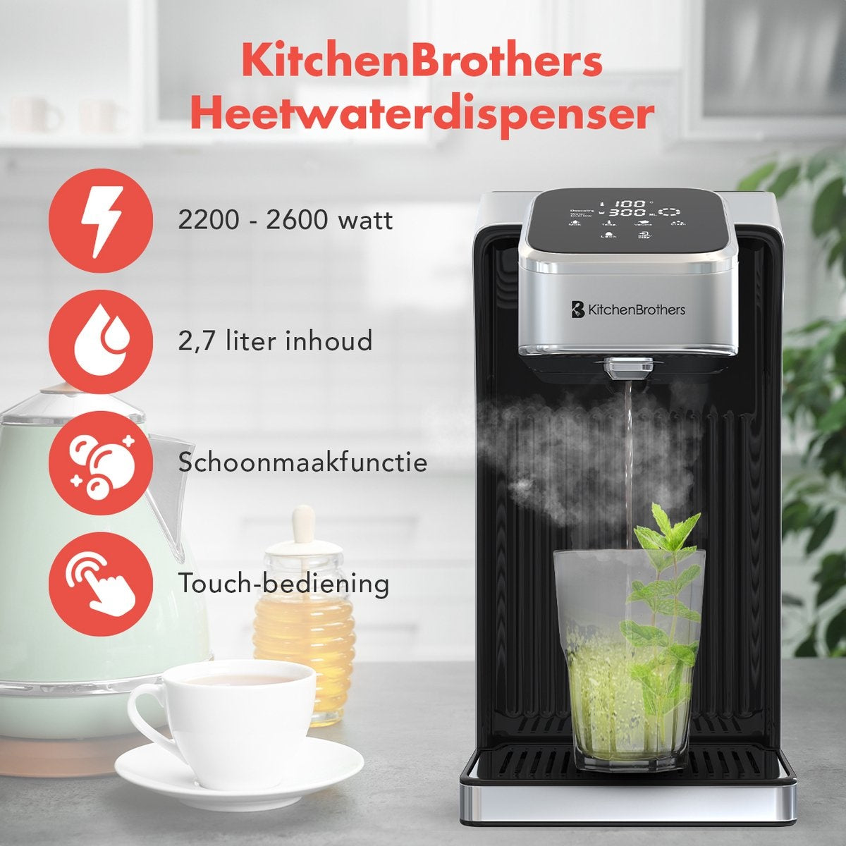 KitchenBrothers Heetwaterdispenser – 2,7L Inhoud, Instelbare Temperatuur – 2600W – 26,4 x 15 x 30,2 cm – RVS/Zwart
