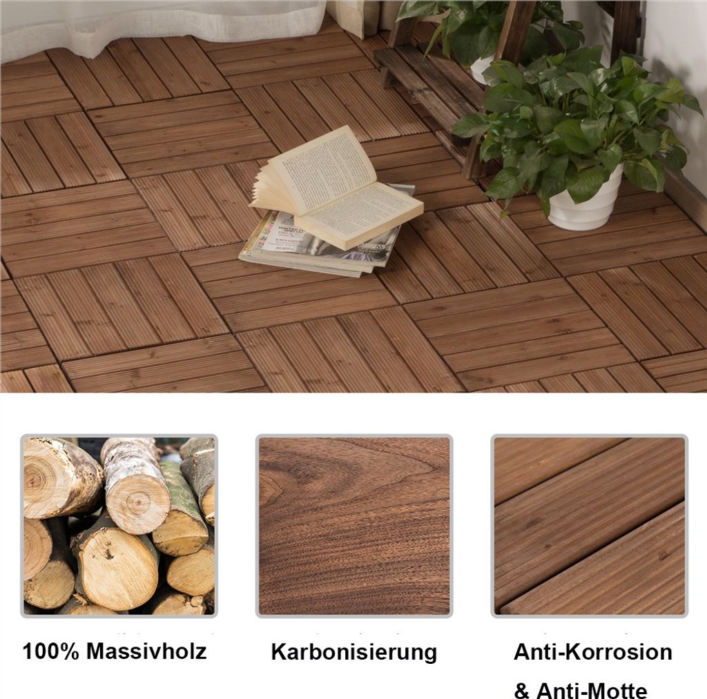 Yaheetech Houten Kliktegels - 11 Stuks - Circa 1 m² - 30 x 30 cm - Bruin