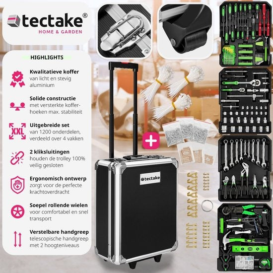 tectake® gereedschapskoffer, gereedschapsset, gereedschapskoffer gevuld 1200-delig, gereedschapstrolley, gereedschapskist met 4 niveaus, aluminium koffer met wielen en telescoophandgreep - zwart