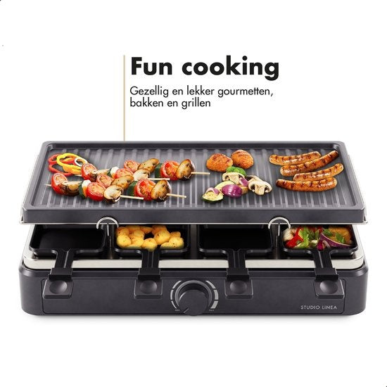 Studio Linea SLGRILL30BK Gourmetstel - 8 Personen - 1400 Watt - Gourmetpannetjes en Gourmetplaat met Antiaanbaklaag - Raclette