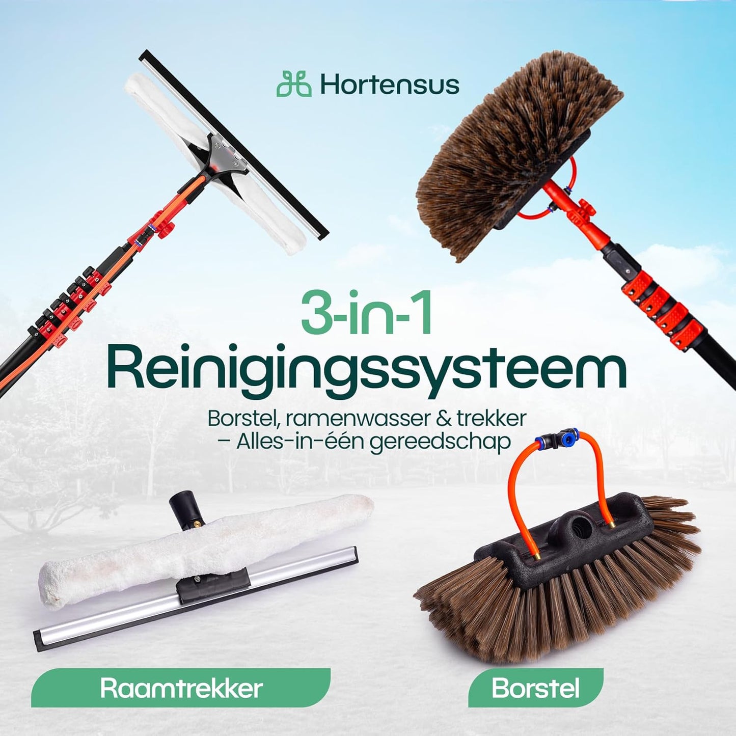 Hortensus Telescopische Wasborstel - Met Wateraansluiting & Zeepdispenser - 6.5M Lang