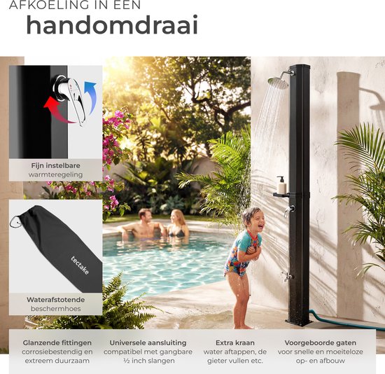 tectake® Buitendouche - Solar - 35L - Warm Water tot 60°C - Met Beschermhoes en Zeepbakje - Tuinslangaansluiting - Tuindouche met grote verstelbare douchekop en voetkraan - Zonnedouche - Campingdouche op Zonneenergie - Zwart