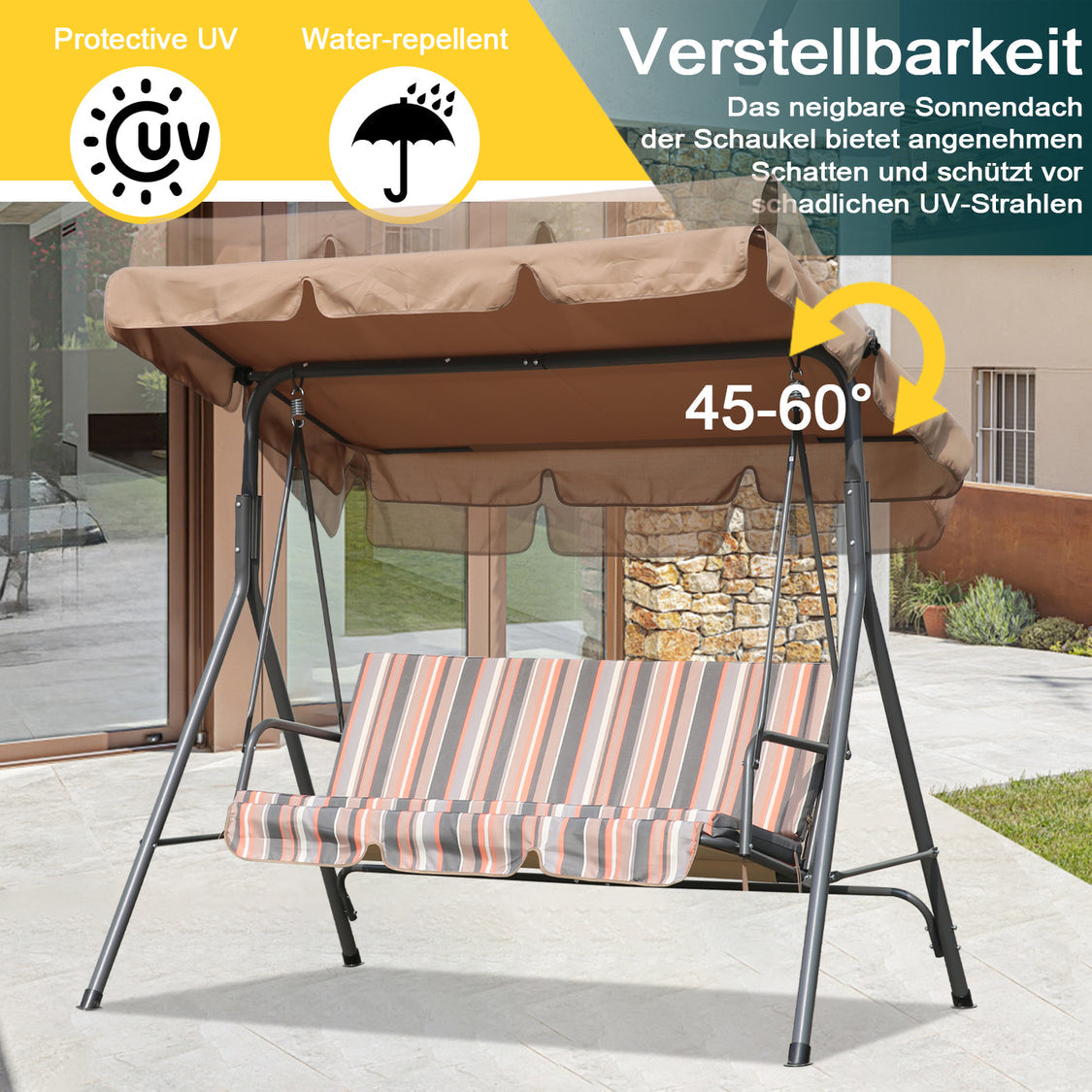 Angel Living 3-zits Tuinschommel - met Verstelbaar Zonnescherm - Khaki - 169 x 110 x 151 cm