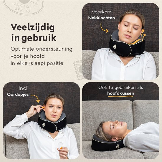 TRAVARA Nekkussen - Reiskussen - Voor Vliegtuig - Auto - Traagschuim - Memory Foam - Met Oordoppen - Zwart