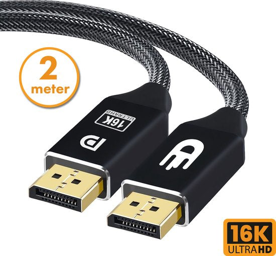 Drivv. DisplayPort Kabel 2.1 - 16K 60Hz 8K 120Hz 4K 144Hz - 80Gbps - DisplayPort naar DisplayPort - DP Kabel - 2 meter - Zwart