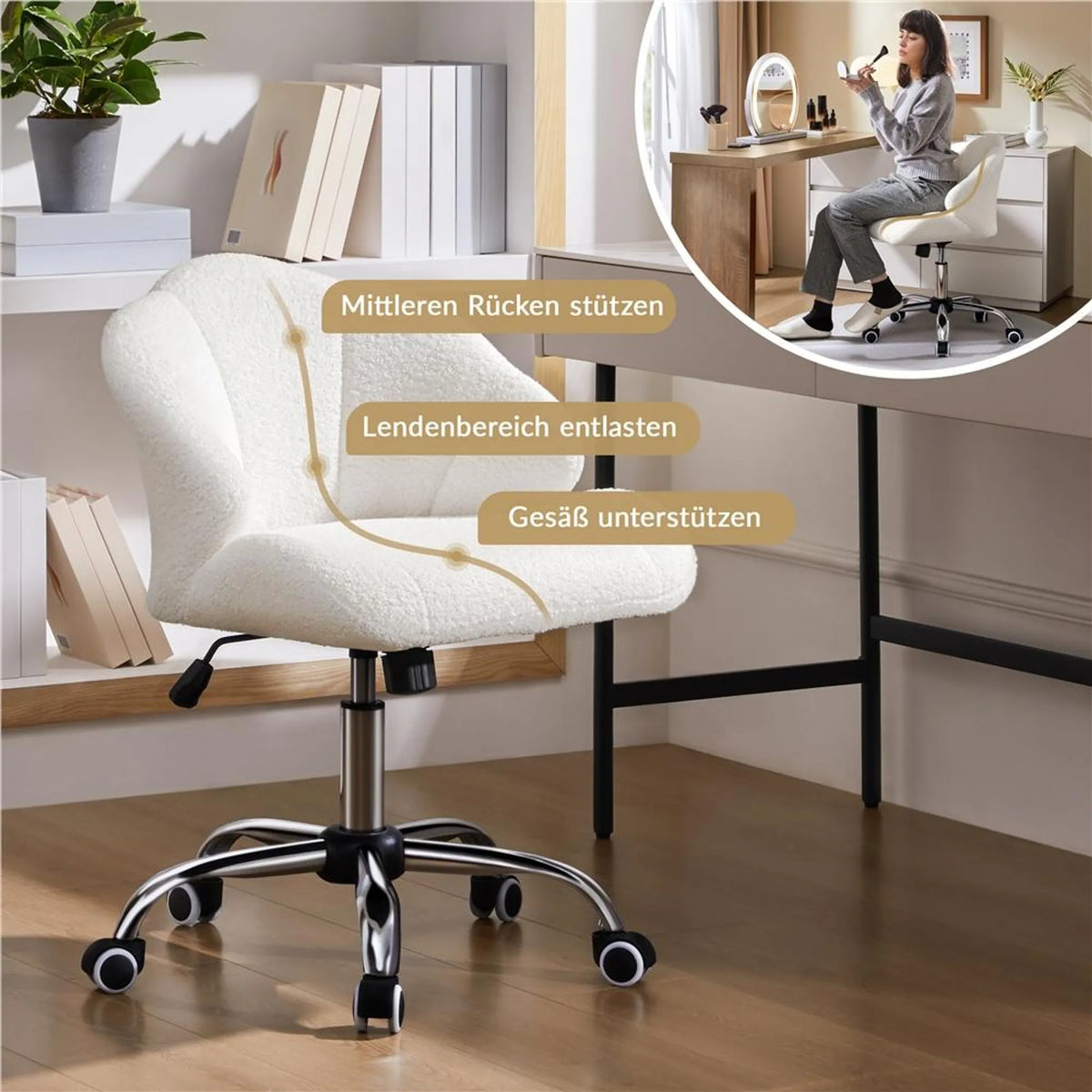 Yaheetech Elegante Draaistoel met Schelpdesign 76,5-86 cm – Schneeweiß – Polyester en Metaal