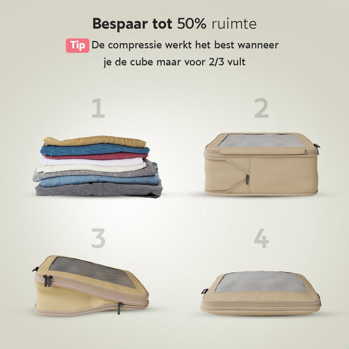 ONYX Compressie Packing Cubes - 7 stuks - Koffer Organizer Set - Compressie rits - Voor koffers en tassen - Bagage & Backpack Compression - Beige