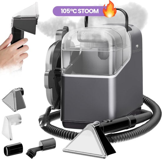 Hendriqs® 4-1 Tapijtreiniger - 105 °C Stoomreiniger met Anti-Verstopping Functie & Wieltjes en Automatisch Snoeroprolsysteem - Zetelreiniger - Draagbare Vlekkenreiniger - Bank Reiniger - Meubelreiniger - Bankreiniger - Reinigingsmachine