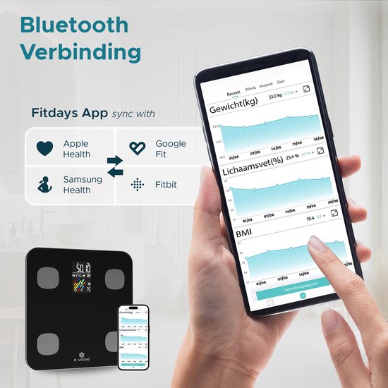 e.volve Weegschaal Personenweegschaal Digitaal - 16 Metingen - Slimme Weegschaal met Lichaamsanalyse - Precisie Weegschaal - Weegschalen - Digitale Weegschaal - Incl. App