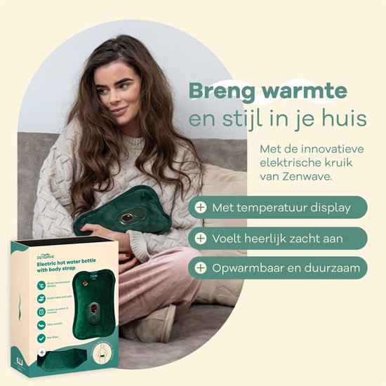 Zenwave Elektrische Kruik met Hoes - Digitaal Display - Warmtekruik & Waterkruik met Handwarmers - Oplaadbare Warmtekussen - Menstruatie Warmteband - Duurzaam & Draadloos - Kamperen & Outdoor - Warmwaterkruik Groen