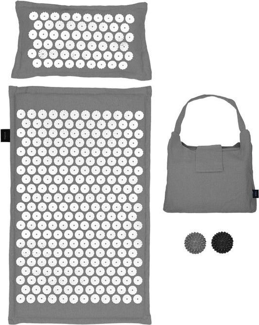 LifeGoods Acupressuur Mat Eco - met Kussen - Shakti mat - Spijkermat Incl. 2x Triggerpoint Bal en Draagtas - 72x43x2cm - Grijs/Wit