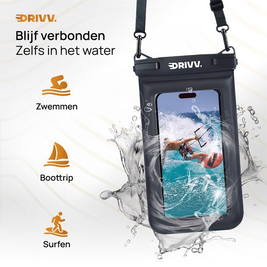 Drivv. Luxe Waterdicht Telefoonhoesje – Drijvend - Dubbele Klipsluiting - Extra Sponge - Telefoons tot 6.8 inch – Onderwater Hoesje Telefoon - Zwart