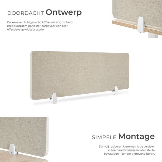 tectake® Bureauscherm scheidingswand Noisy - Met geluidsabsorberende PET-kern - Inclusief 2 bevestigingsklemmen - Afmeting (LxB) 130 x 40 cm - Beige