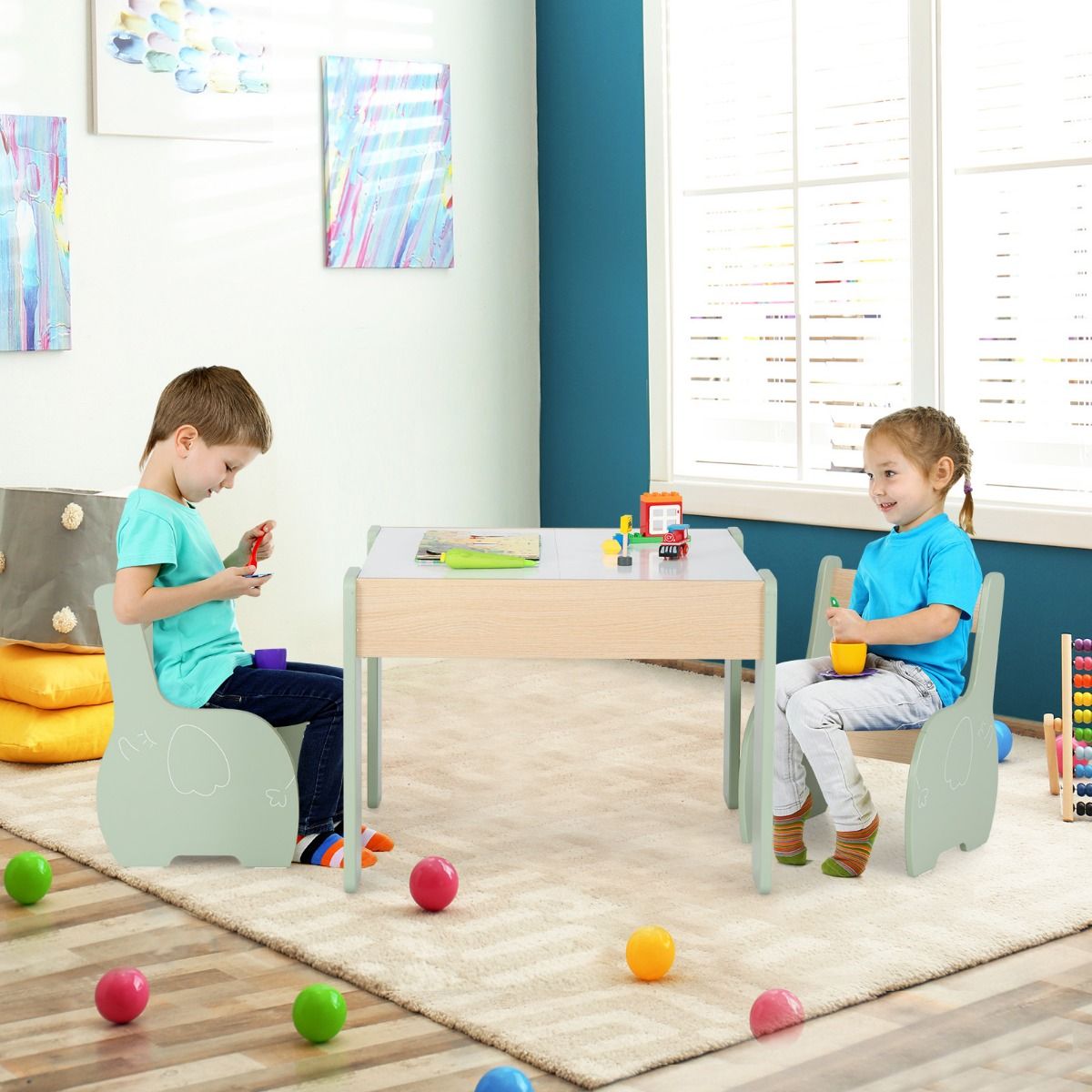 Coast 3-delige kinderzitgroep - 4-in-1 kindertafel met 2 stoelen en opbergruimte - groen