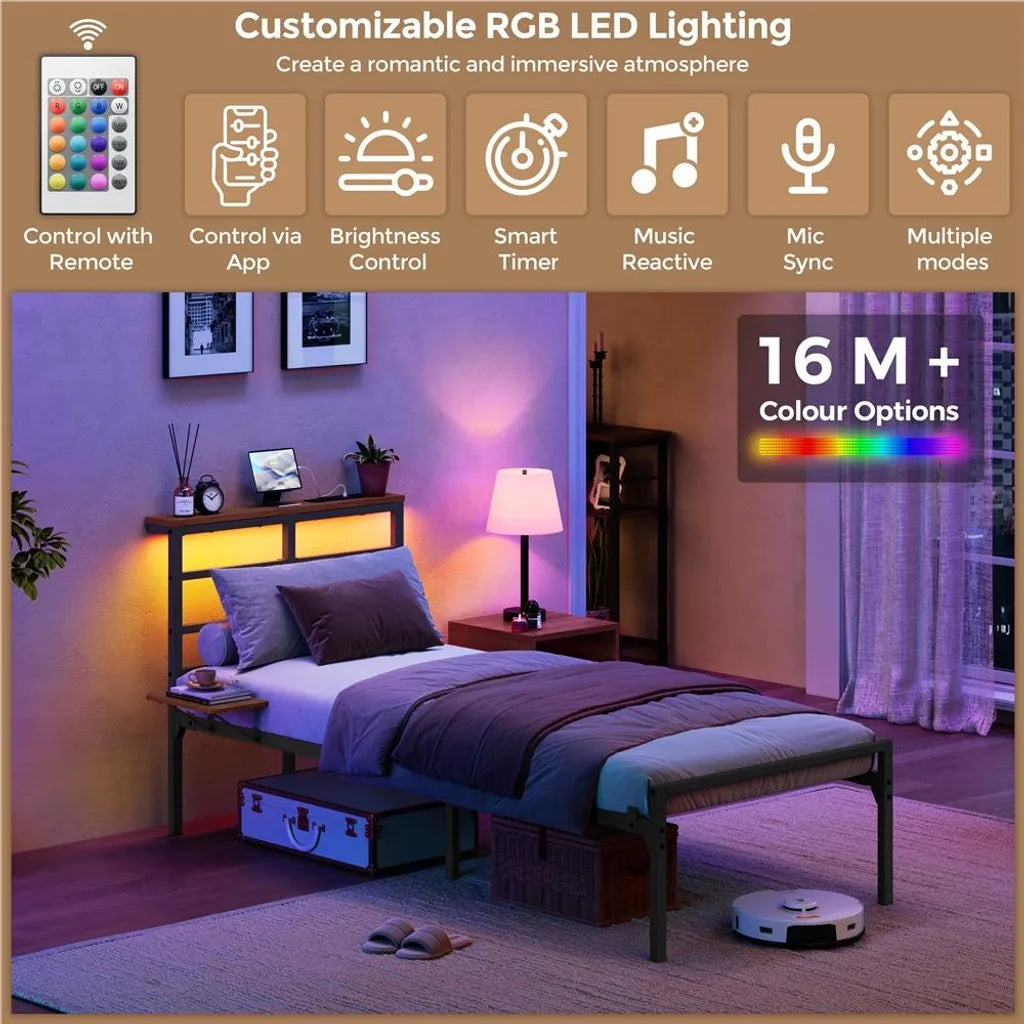 Yaheetech Metalen Bedframe met LED en Oplaadstation, 90x200 cm, Zwart