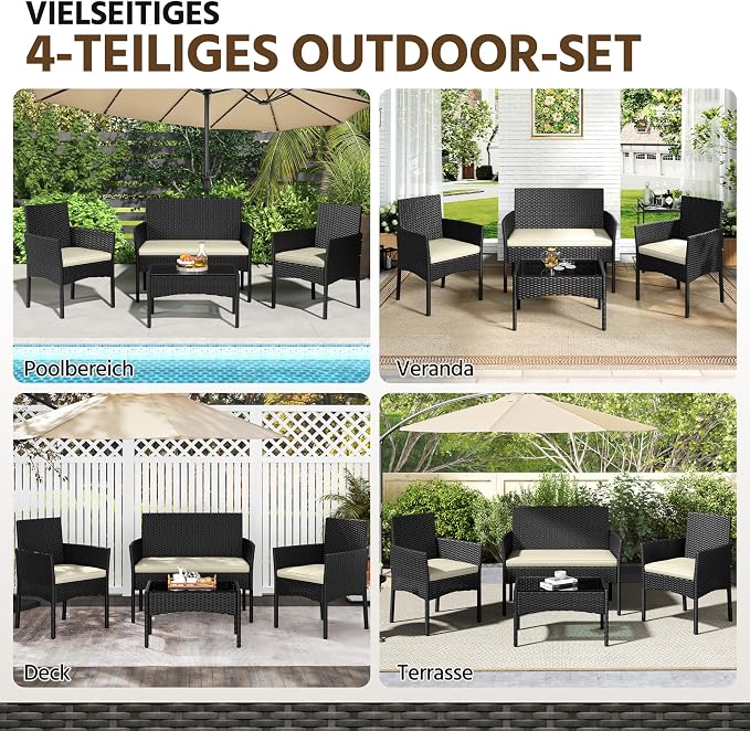 Yaheetech 4-delige Polyrattan Loungeset – 2-Zitsbank, 2 Stoelen & Glazen Tafel – Zwart/Grijs