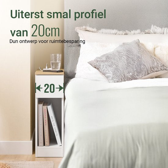 SoBuy 2-delige Slim Nachtkastje met Oplaadstation, Smal Bijzettafeltje met Standaard Stopcontact, USB-poort en Type-C Poort voor Slaapkamer en Woonkamer, B20 x D35 x H60 cm, Wit, FBT111-E-WNx2