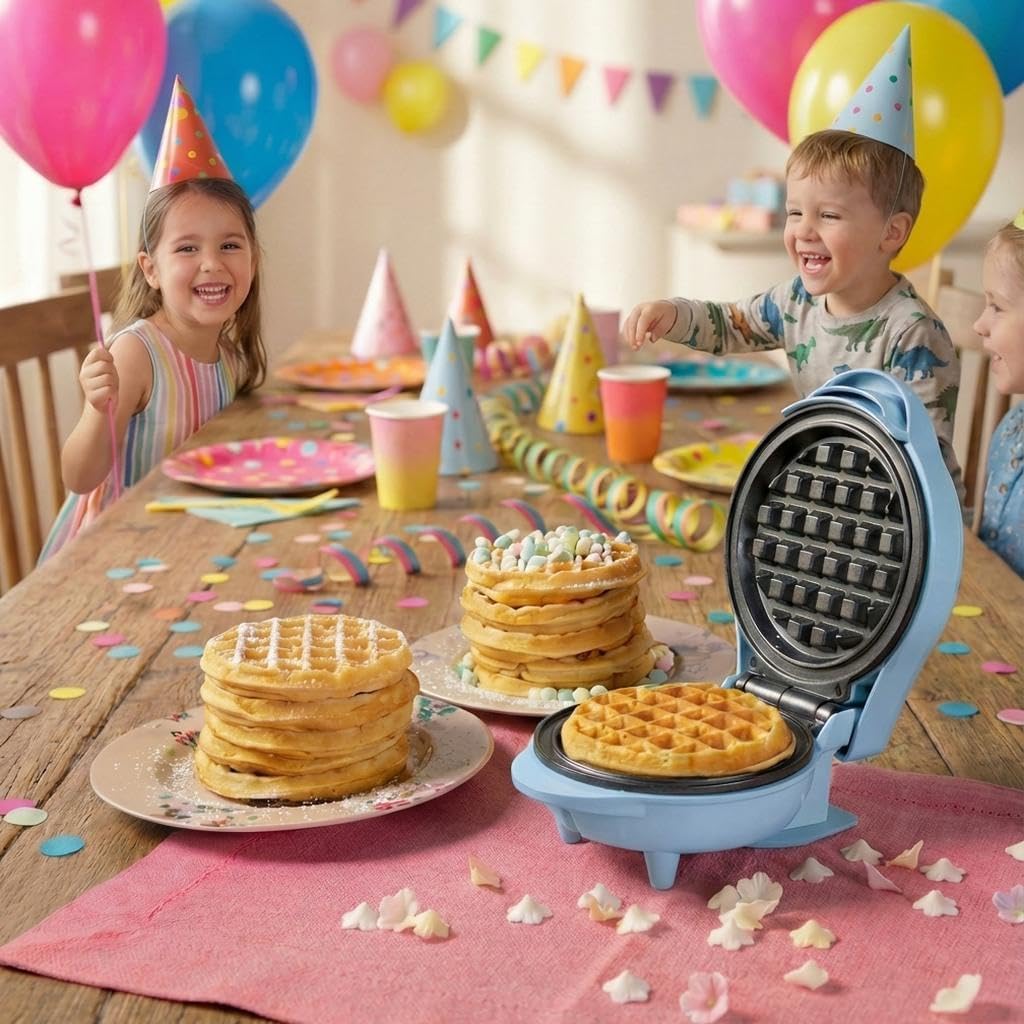 Bestron Mini-wafelijzer Retro Design - Antiaanbaklaag - Voor Kinderfeestjes en Kerst - 550 Watt - 15,4 x 11,3 x 20,3 cm - Blauw