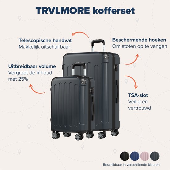 TRVLMORE Kofferset - 2 Delig - 45L Handbagage + 115L Ruimbagage - TSA Slot - Lichtgewicht - Reiskoffer Set - Donkergrijs