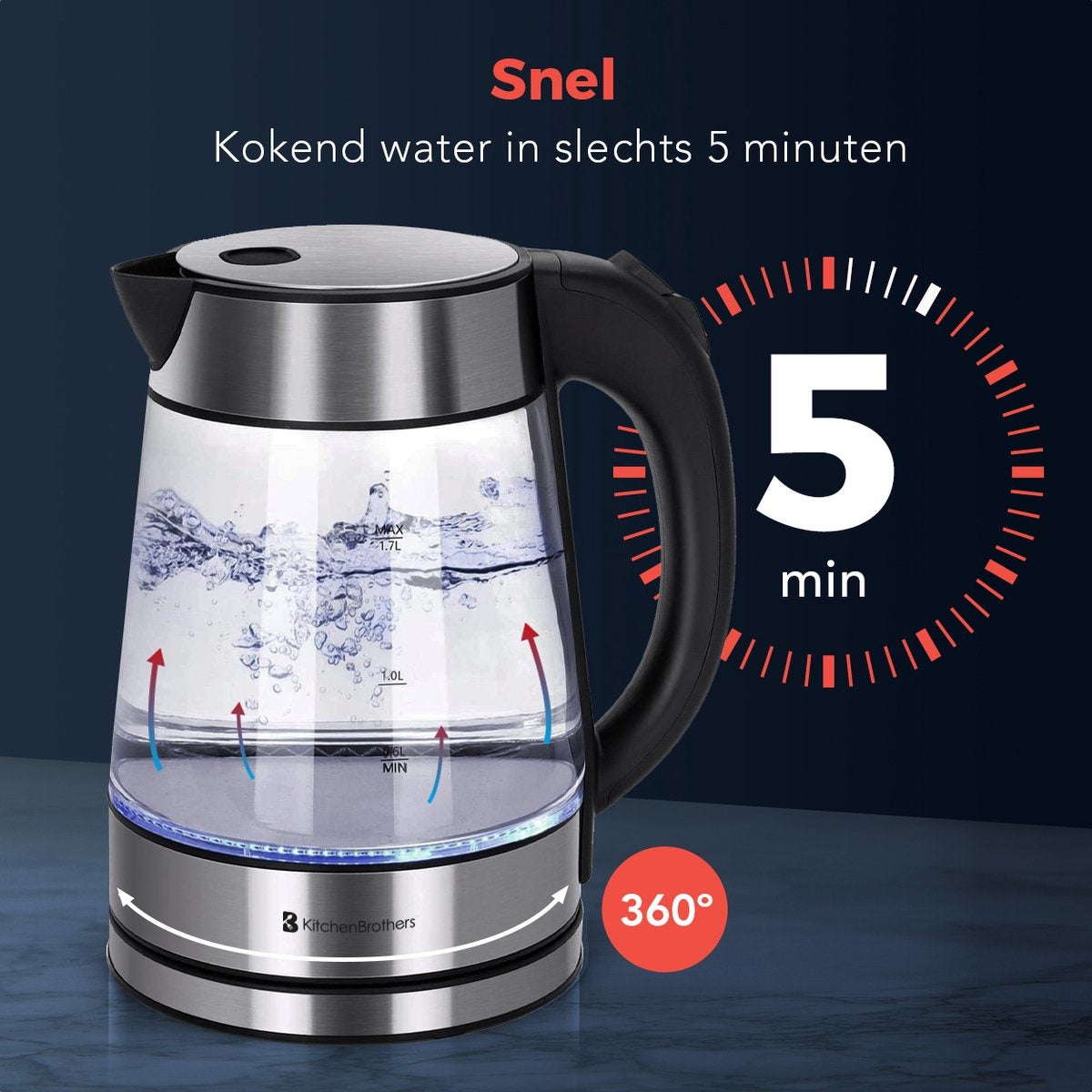 KitchenBrothers Waterkoker - 1.7L - Glas - BPA vrij - 2200W - 24.51x16.04x22.70 cm - Glas|Zonder temperatuurregeling