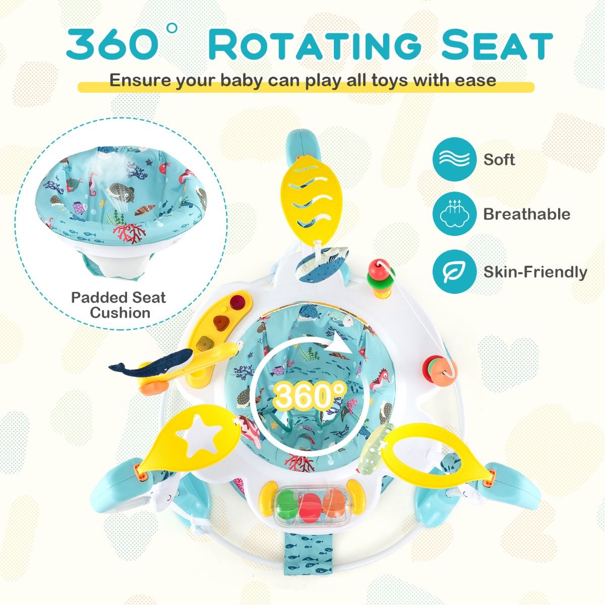 coast Baby Sky Jumperoo - Lichtblauw/Wit - 87x87x94 cm - 3 Hoogtes, 360° Draaibare Zitting & Interactief Speelcentrum