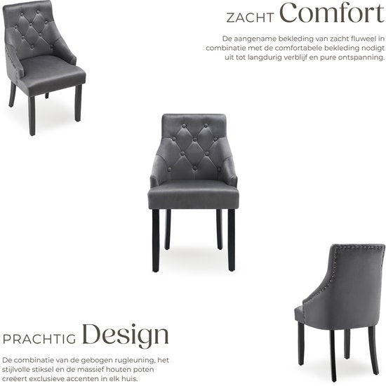 tectake 2 Eetkamerstoelen Set – Fluweellook & Armleuningen – Draagvermogen 120 kg – 52 x 57 x 91 cm – Donkergrijs/Zwart