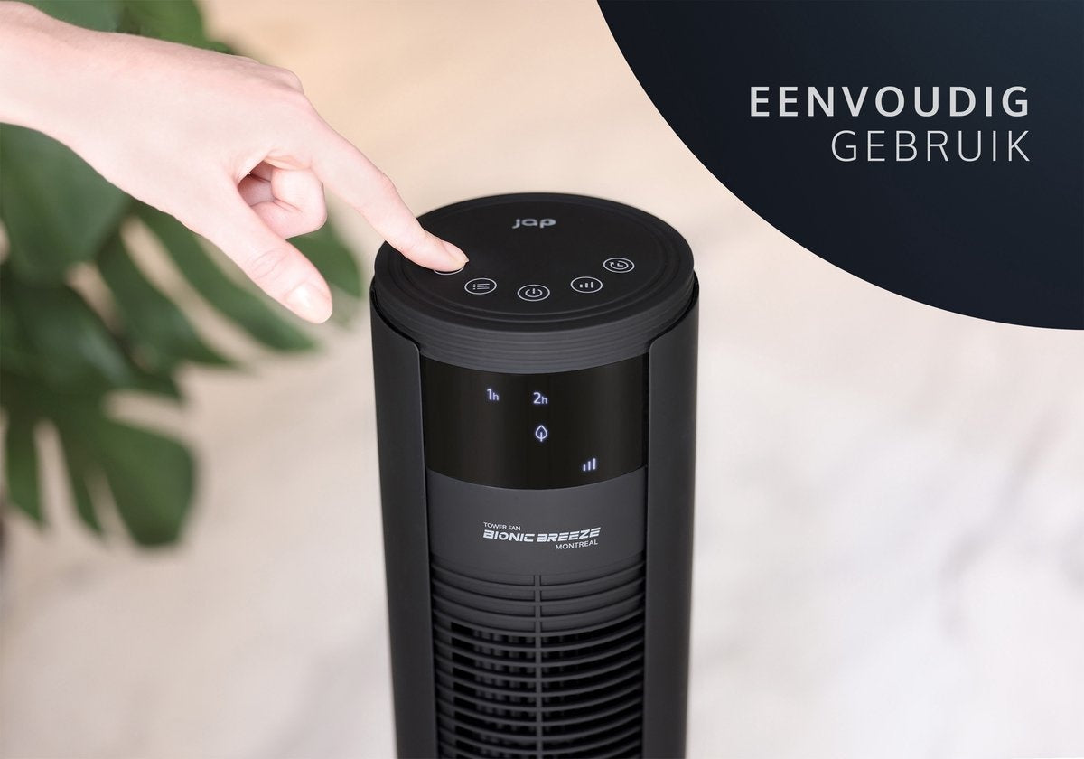 Stille Torenventilator 46dB – 6 Standen – Timer & Afstandsbediening – Mat Zwart – JAP Montreal