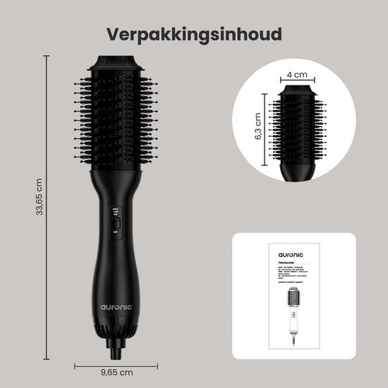 Auronic 4-in-1 Föhnborstel - Airstyler - Kammen - Stijlen - Krullen - Föhnen - 37 mm Krulborstel - 360 Graden Airflow - Zwart/Zwart