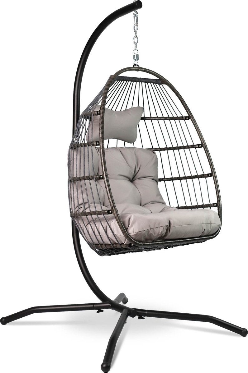 Vita5 Egg Hangstoel – Met Standaard – Binnen en Buiten – Cocoon Stoel - Opvouwbaar - Tot 150kg – Incl. Kussen – Lichtgrijs