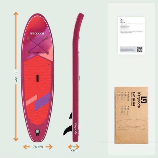 LifeGoods SUP Board Allround Compact - 100 KG Draagkracht - 300 x 76 cm - Opblaasbaar - Compleet SUP pakket - Rood/Lila