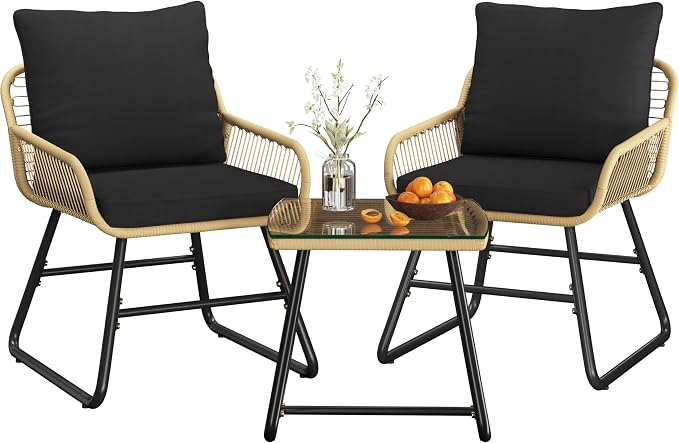 Yaheetech 3-delige Bistroset Tuin - Beige/Zwart - Rotan Tuinset met Glazen Tafel en 2 Stoelen