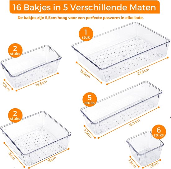 Posity Lade Organizer - 16 Stuks - Organizer Bakjes - Lade Bakjes - Opbergbakjes - Make-up Organizer - Voor Keuken, Badkamer & Bureau - Kunststof - Transparant