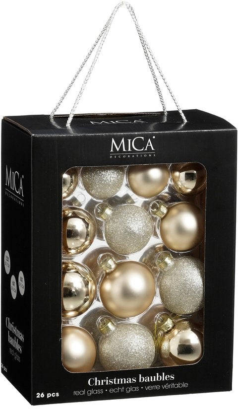 Mica Decorations Kerstballen - 26 Stuks - Kerstversiering voor de Kerstboom - Glimmende en Glitter Ornamenten - Piek en Ballen in Diverse Formaten - Ø7 cm - Crème