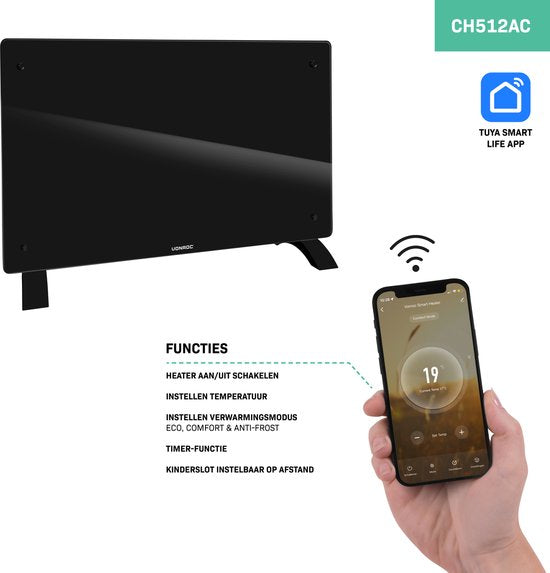 VONROC – Elektrische Kachel Convector – 2000W & Met Wifi Besturing – Voorzien Van Led-Display En Timer – Voor Ruimtes Tot 24 m² – Zwart Glas