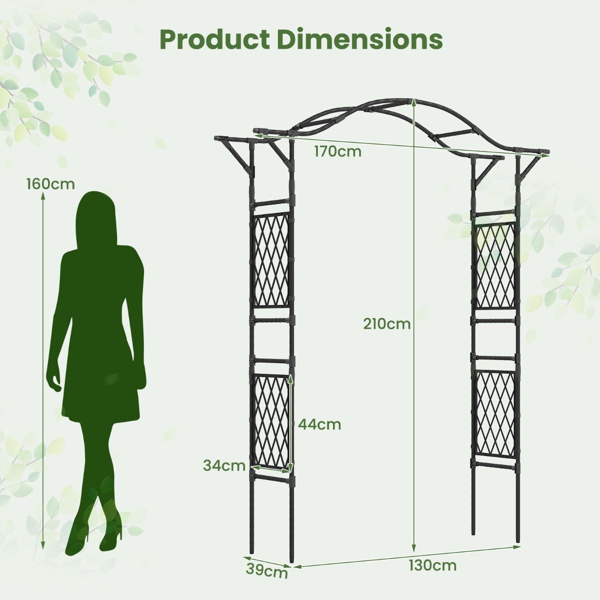 Coast Rozenboog metaal - klimrek voor tuinplanten - poortboog - zwart - 170 x 39 x 210 cm