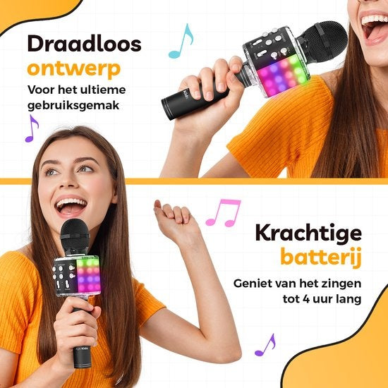 AyeKids 5-in-1 Karaoke Microfoon - Draadloos & Bluetooth – Ingebouwde Speaker & Disco Lichten – Incl. AUX-kabel - Microfoon Kinderen - Karaoke Set - Zwart