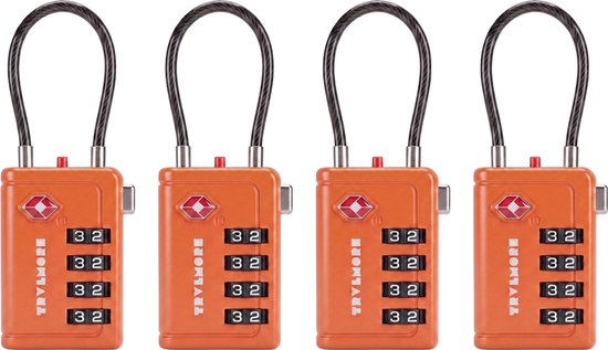 TRVLMORE Kofferslot met Kabel - TSA Gecertificeerd - Alarmfunctie - 4-Cijferig - 4 Stuks - Oranje