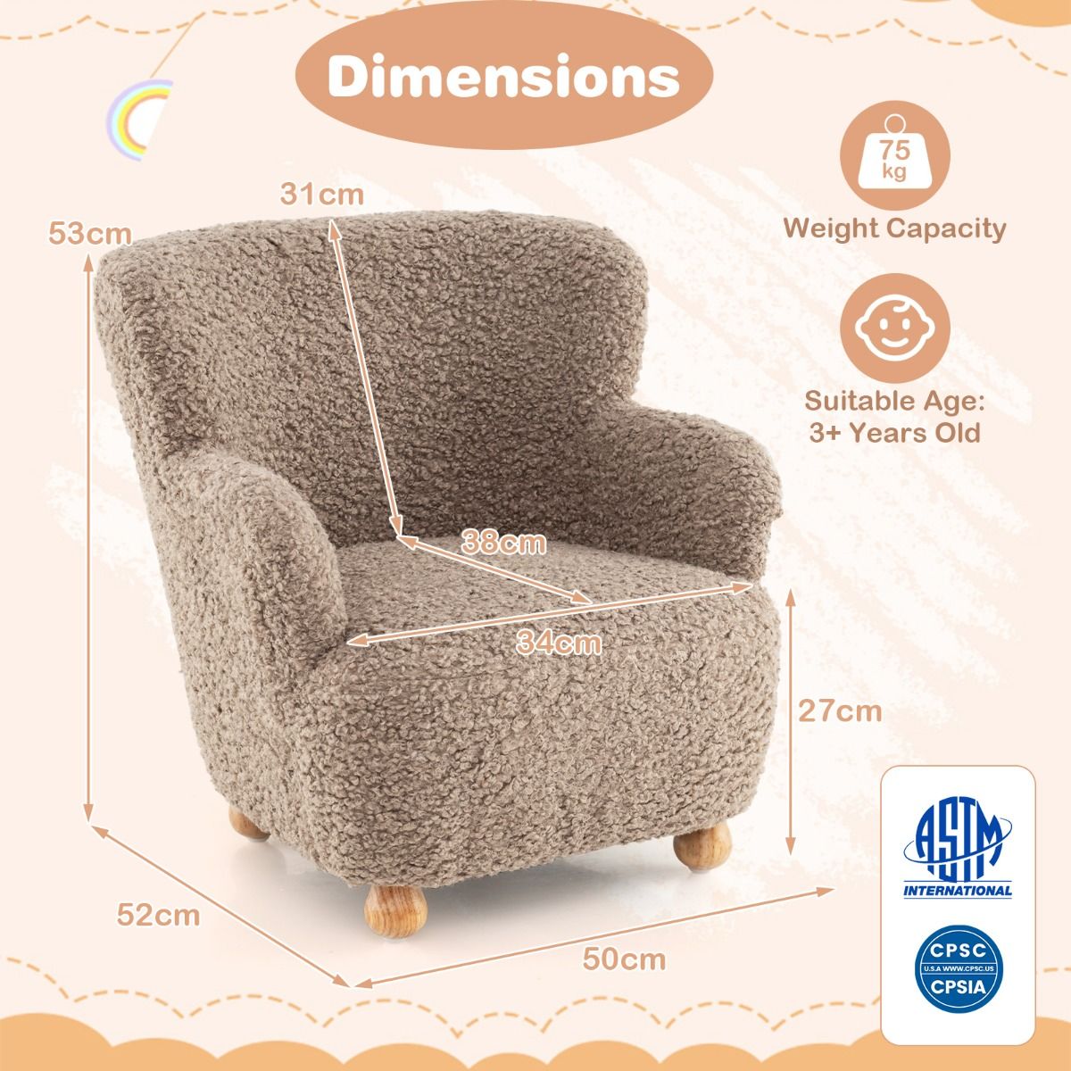 Coast Kinderfauteuil met rugleuning - houten poten - gestoffeerde kinderstoel - lichtbruin