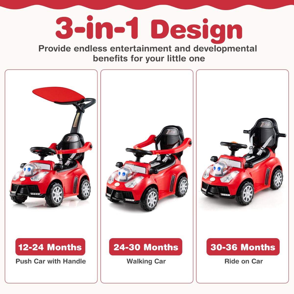 Coast 3-in-1 Loopauto met duwstang - opbergruimte - verstelbare zonbescherming - rood