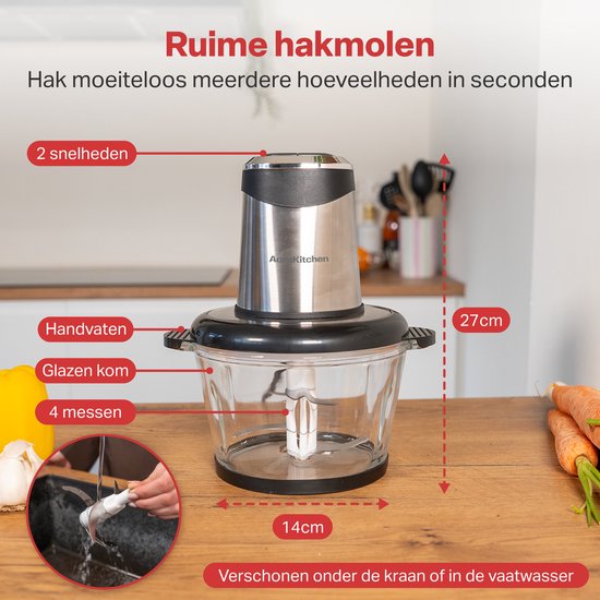 AoraKitchen Hakmolen Electrisch - 2L Glazen Kom - BPA-Vrij - 400W - 2 Snelheden - RVS - Elektrische Hakmolen - Food Chopper