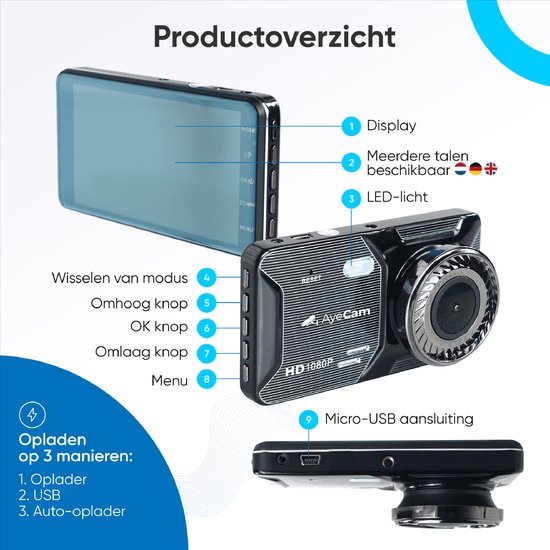 AyeCam Dashcam Pro – Dashcam voor Auto voor en Achter - FULL HD & Nachtvisie – G-Sensor - Incl. 32GB SD