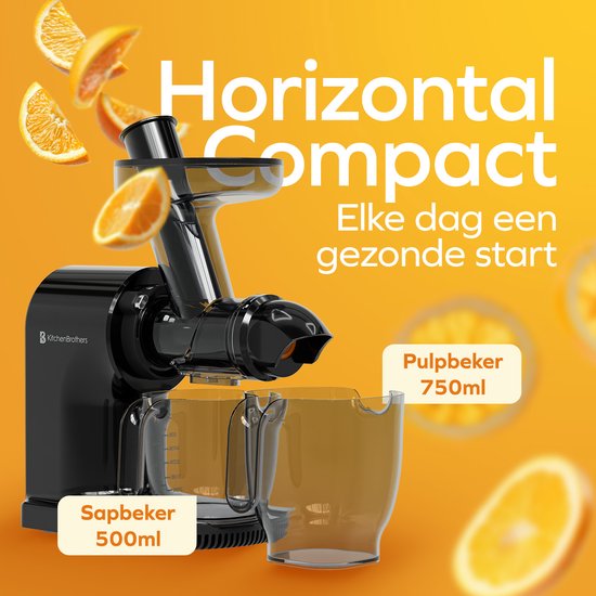 KitchenBrothers Slowjuicer - Compact - Juicer - Groenten en Fruitpers - 45 mm - 500 ml - Zwart