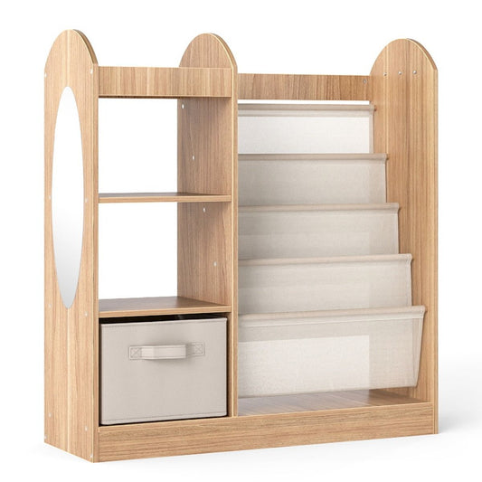 Coast Kinderboekenkast met Passpiegel - 4-Laags Boekenrek, Stoffen Lade en Haken - Naturel - 87,5x30x90 cm