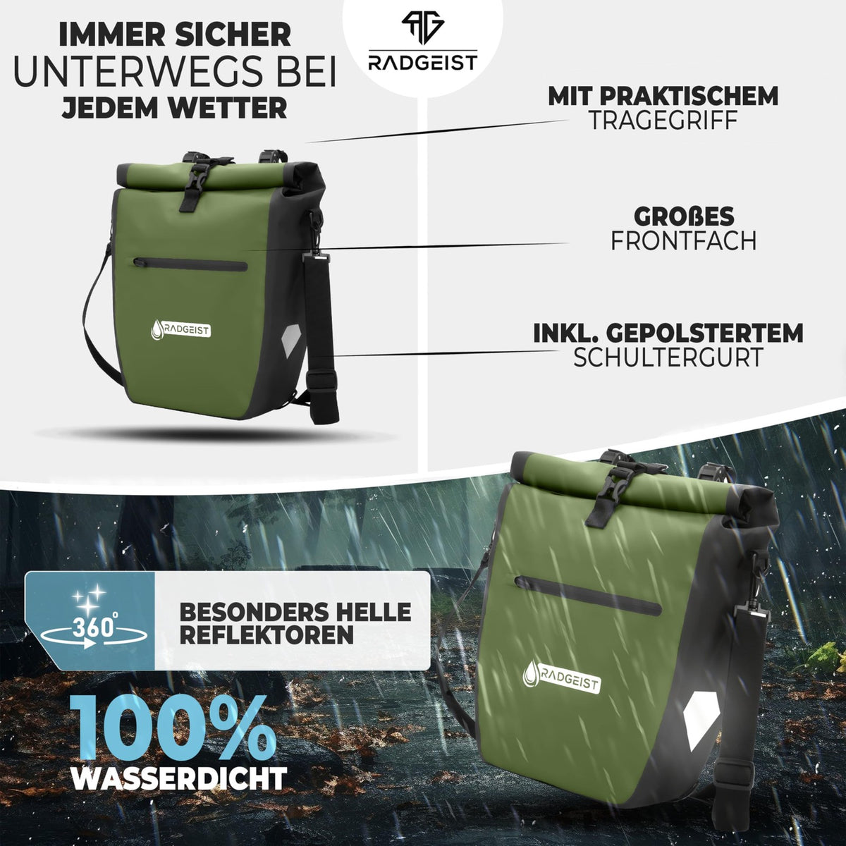 radgeist Fietstas voor Bagagedrager Waterdicht - met Reflectoren - 2-in-1 Zijtas