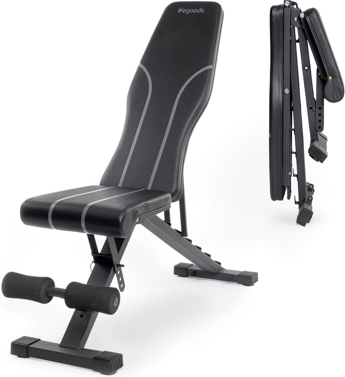 LifeGoods Fitness Halterbank - Fitnessbank - Bench Press - Trainingsbank - Verstelbaar - Inklapbaar - Zwart/Grijs