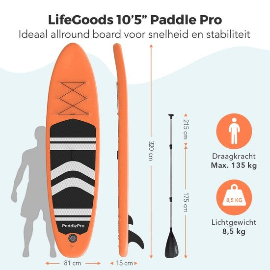 LifeGoods - SUP Board & Opblaasbaar Paddle Board - 320x81 cm - Oranje PVC - Stabiel & All-round - Inclusief Complete Set - Maximaal Draaggewicht 135 kg