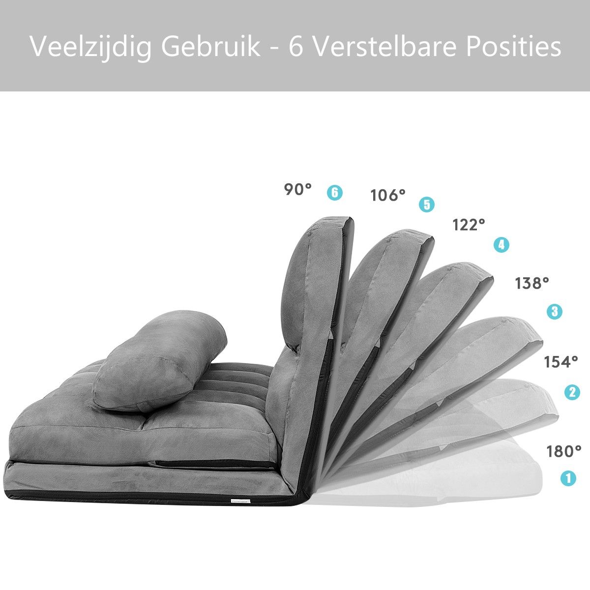 Coast Vloerbank - Verstelbaar - 2 Kussens - 180 x 113 x 60,5 cm - Grijs