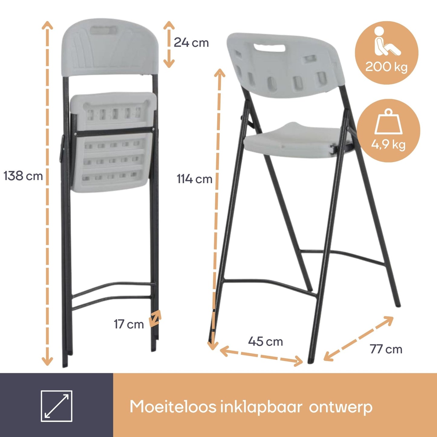 perel inklapbare barkruk - wit - 57 x 78 x 114 cm – met rugleuning en voetsteun – voor binnen en buiten – draagvermogen 200 kg